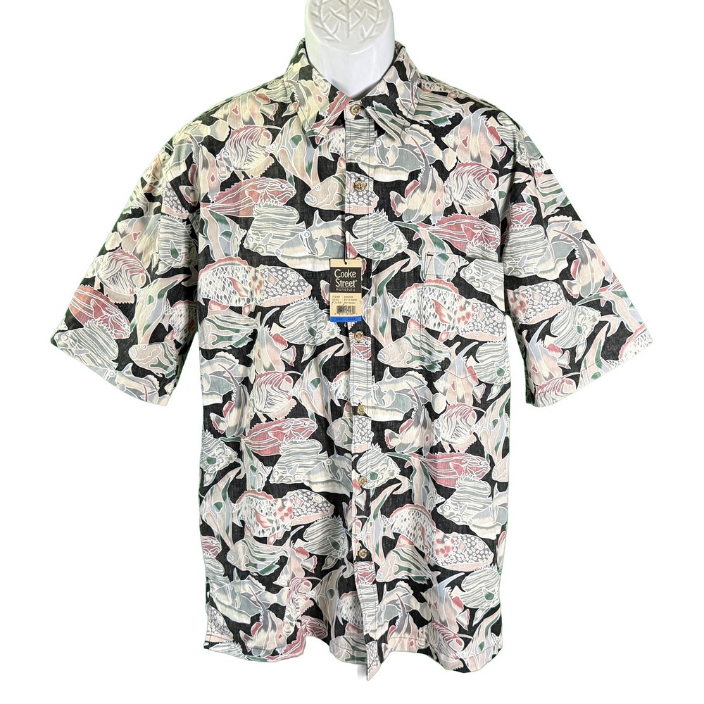 Cooke Street Button Down Shirt Mens Large Black Fish Print Short Sleeve Cotton